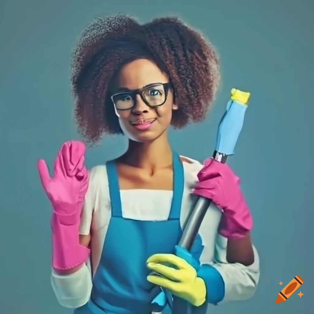 Young african american cleaner with mop and cleaning supplies on Craiyon