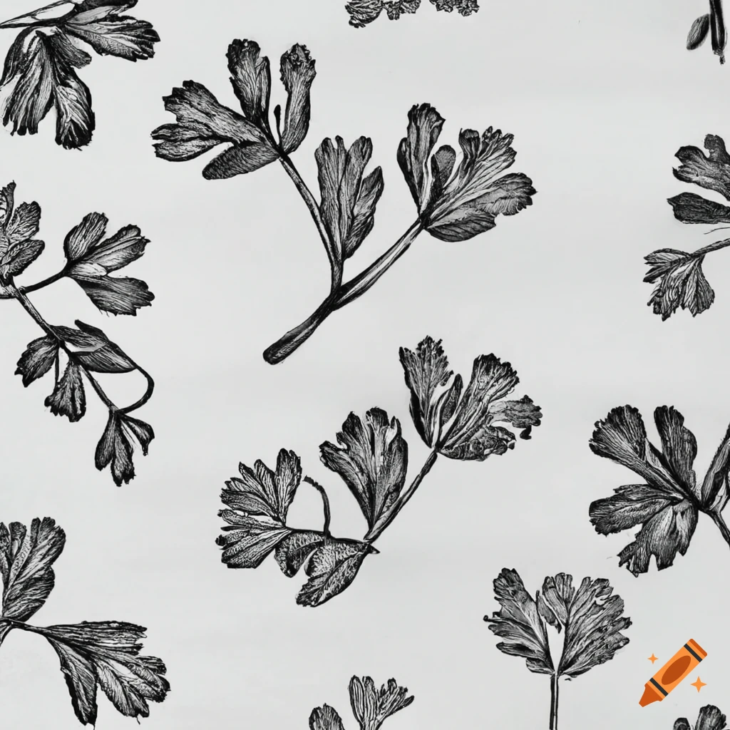 Botanical drawing of parsley sprig in black ink