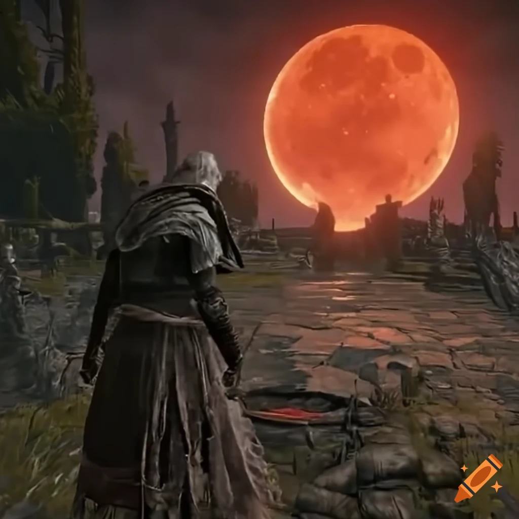 Elden ring and bloodborne characters in a standoff under a blood moon with rivers of blood on