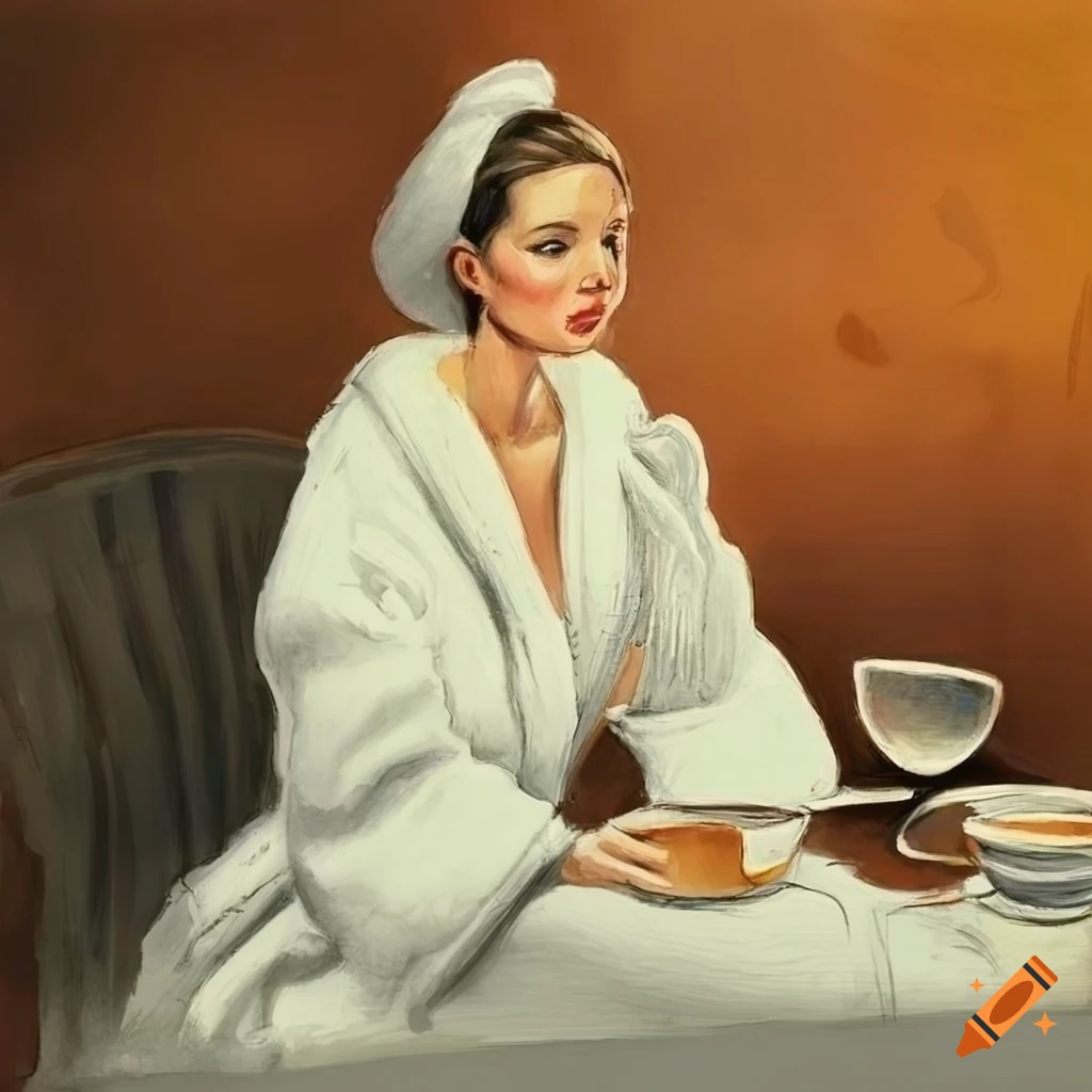 Sketch portrait of a woman in a white bathrobe with a cup of coffee on a balcony at sunrise