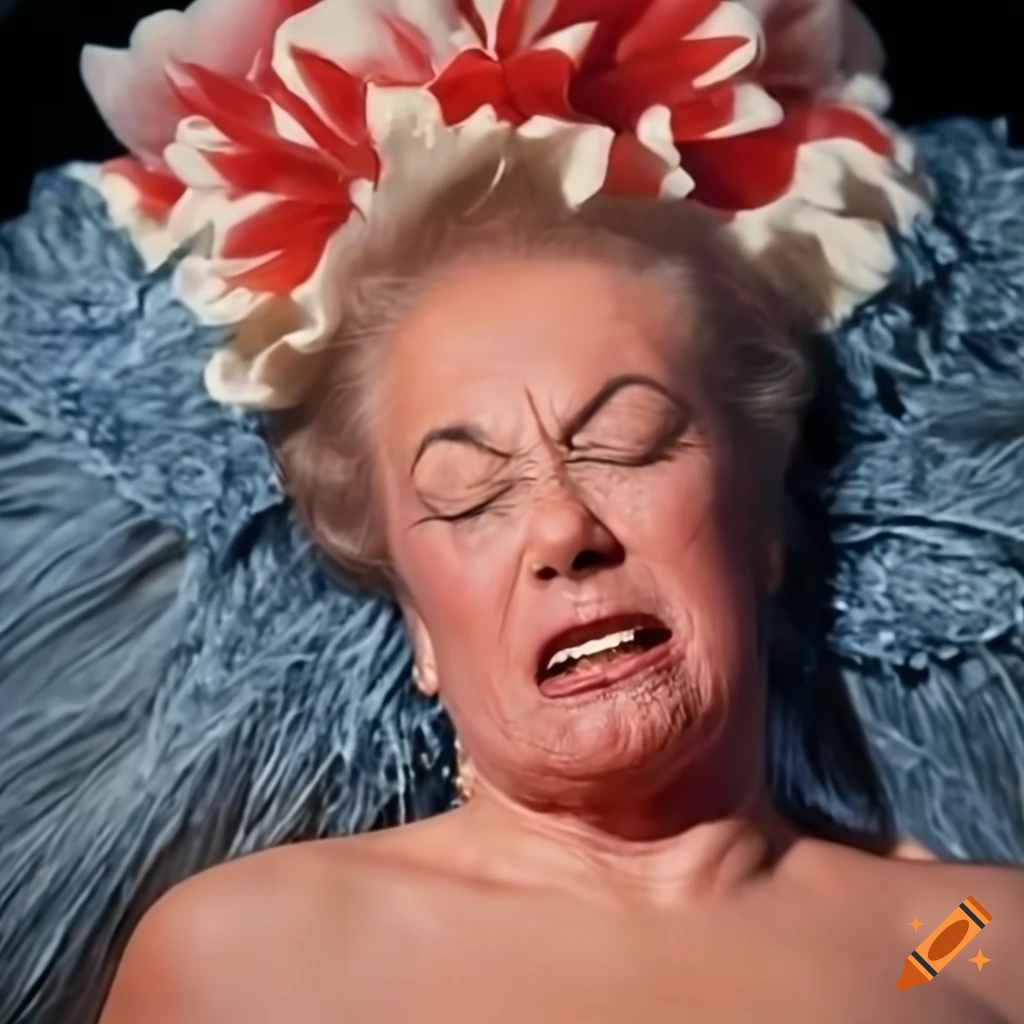 Closeup of Kim Novak sleeping in traditional Hawaiian garb with an unhappy expression