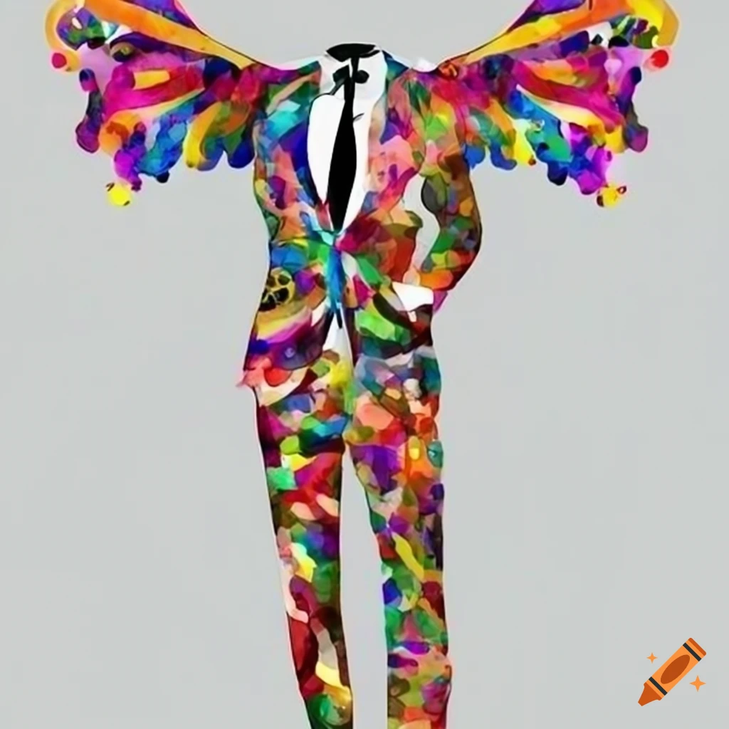 Male wearing a colorful carnival butterfly suit on Craiyon
