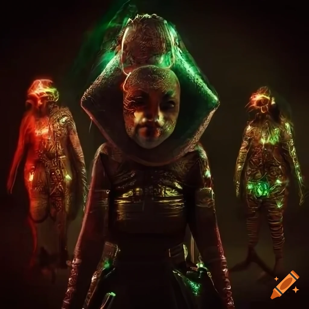 Digital illustration of a biopunk family surrounded by glowing biopunk moss