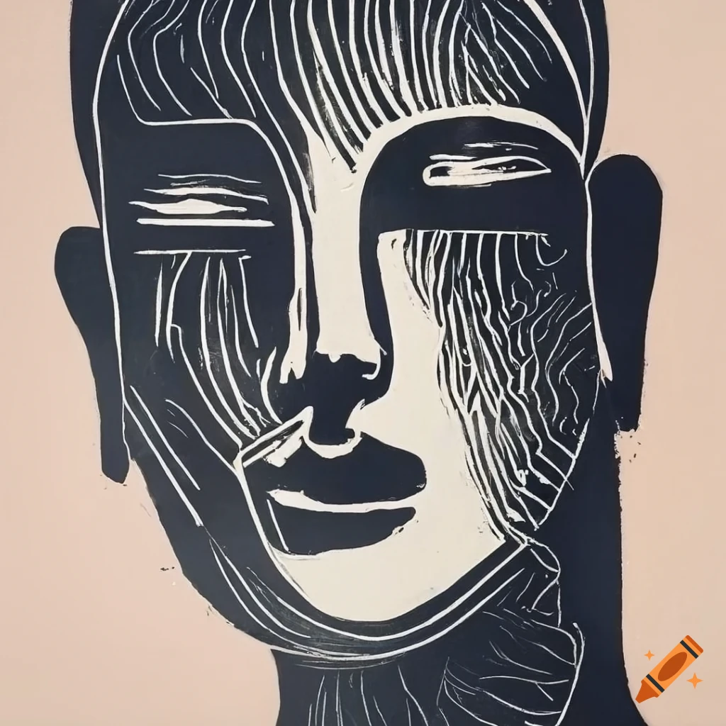 Minimalistic buddha face linocut on a white background