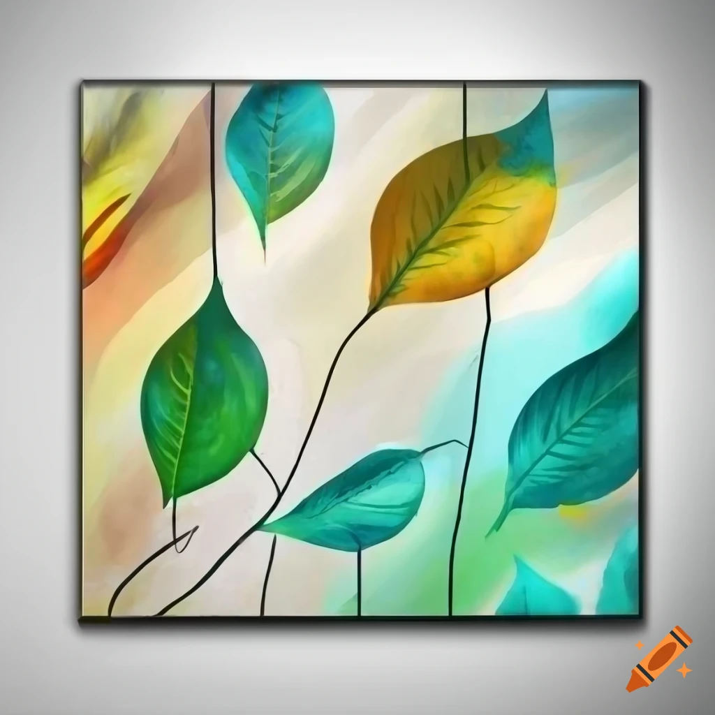 Colorful abstract large wall painting with leaves on a white background