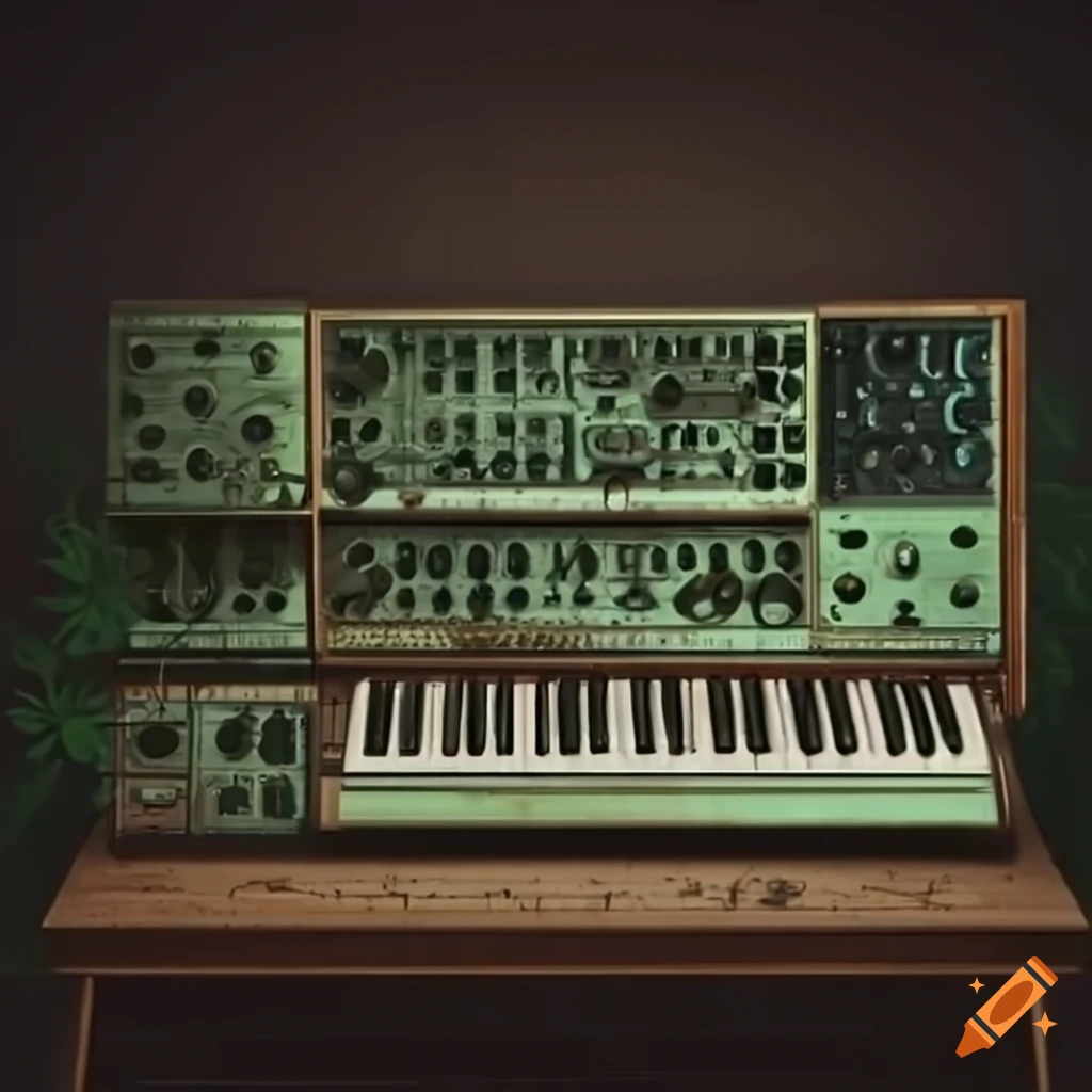 Modular synth setup with vintage, aged look and green plants on Craiyon