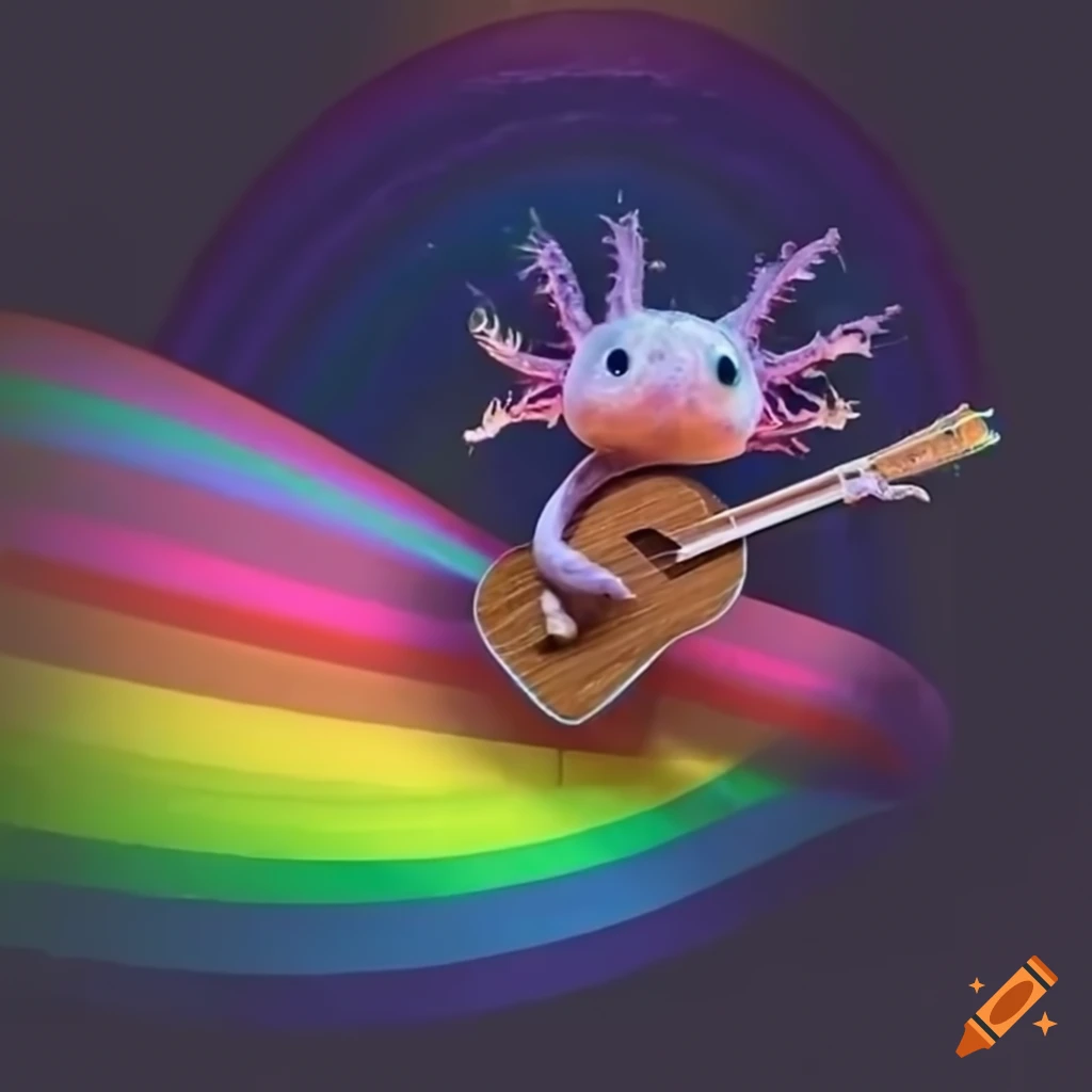Colorful axolotl playing a ukulele in front of a large rainbow
