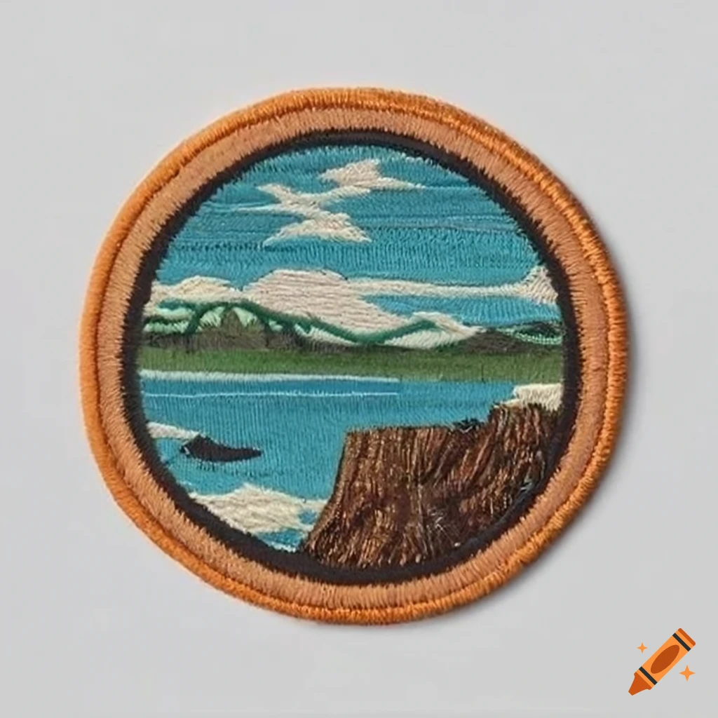 Circular embroidery patch with polaski tool and kingfisher bird on Craiyon