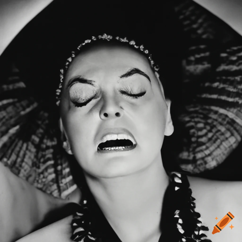 Closeup of Kim Novak sleeping in traditional Hawaiian garb with an unhappy expression