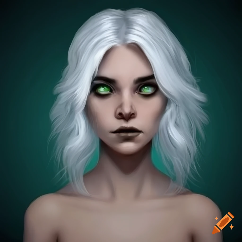 Character art of a young woman with white hair and natural dark green ...