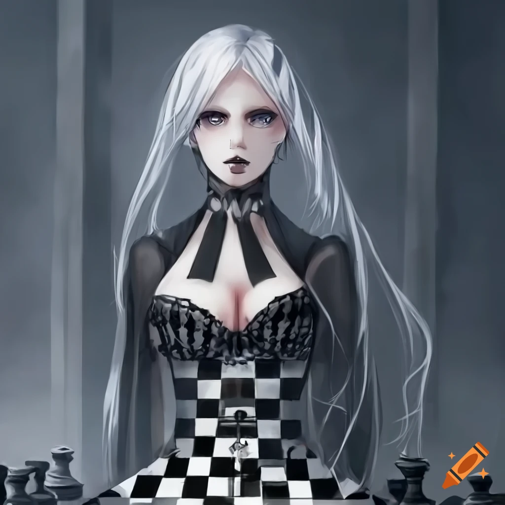 pale-woman-with-checker-pattern-eyes-standing-in-front-of-a-massive