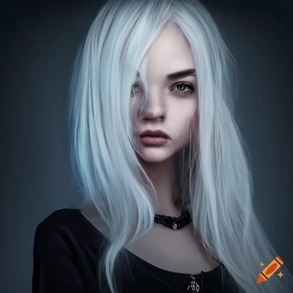 Character art of a young woman with white hair on Craiyon