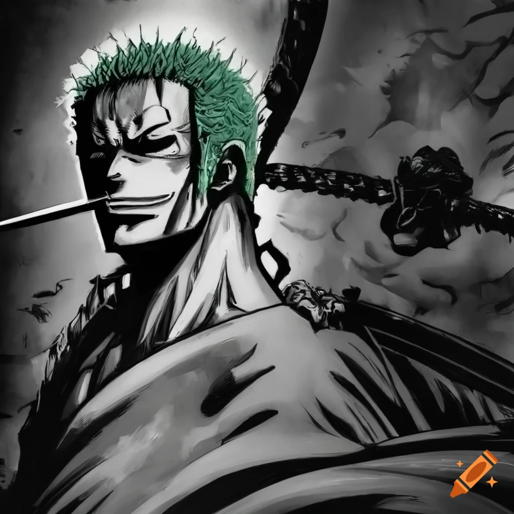 Oeuvre épique avec roronoa zoro combattant des ombres menaçantes, style