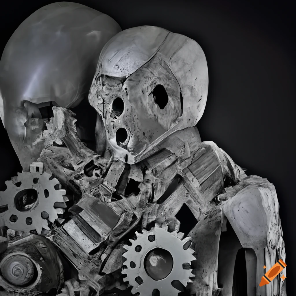 Industrial grayscale image of factories, computer boards, humanoid sculpture, and broken gear biomechanism