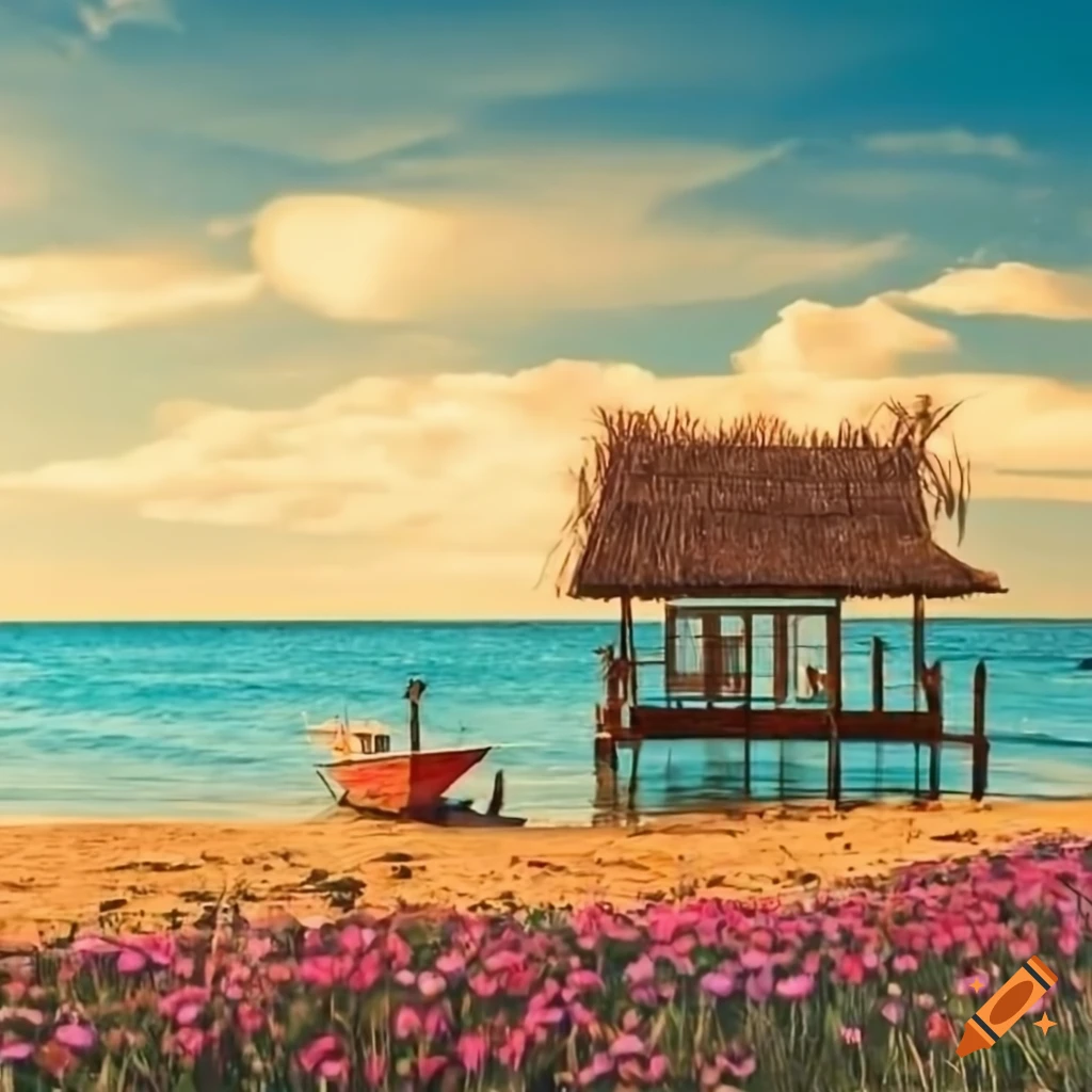 House on a beach with flowers in the fence, under a cloudy sky with sun and boats on the water