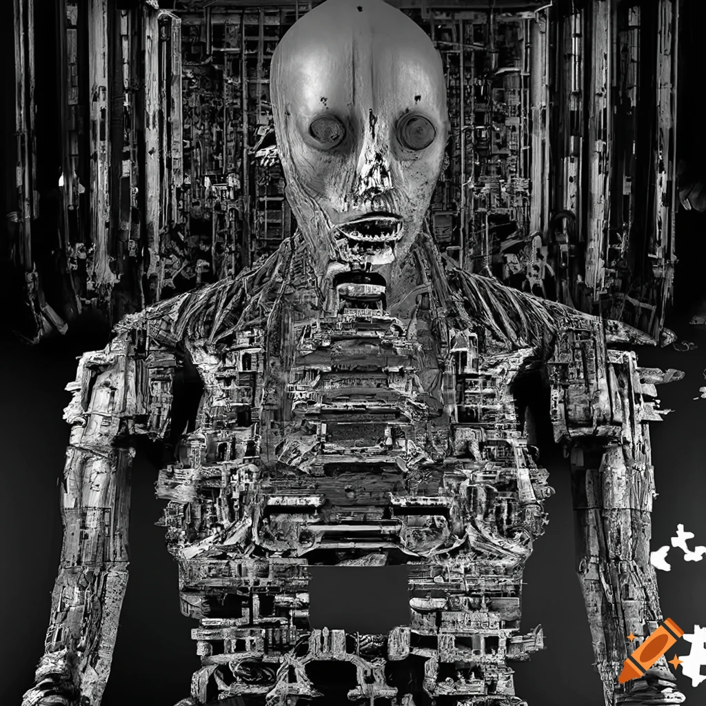 Dark and creepy sci-fi scene with humanoid figures and factories