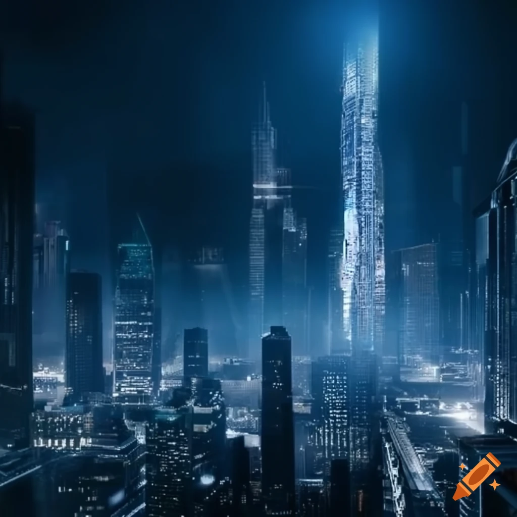 Futuristic cityscape with towering structures and advanced technology ...