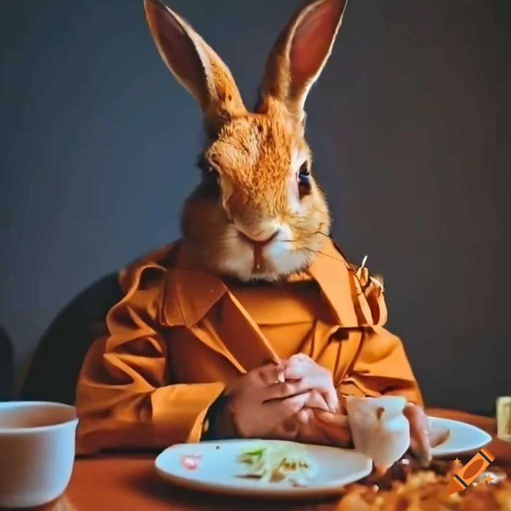 Rabbit-headed character in an orange trench coat at a lonely restaurant with a plate of vermicelli pasta