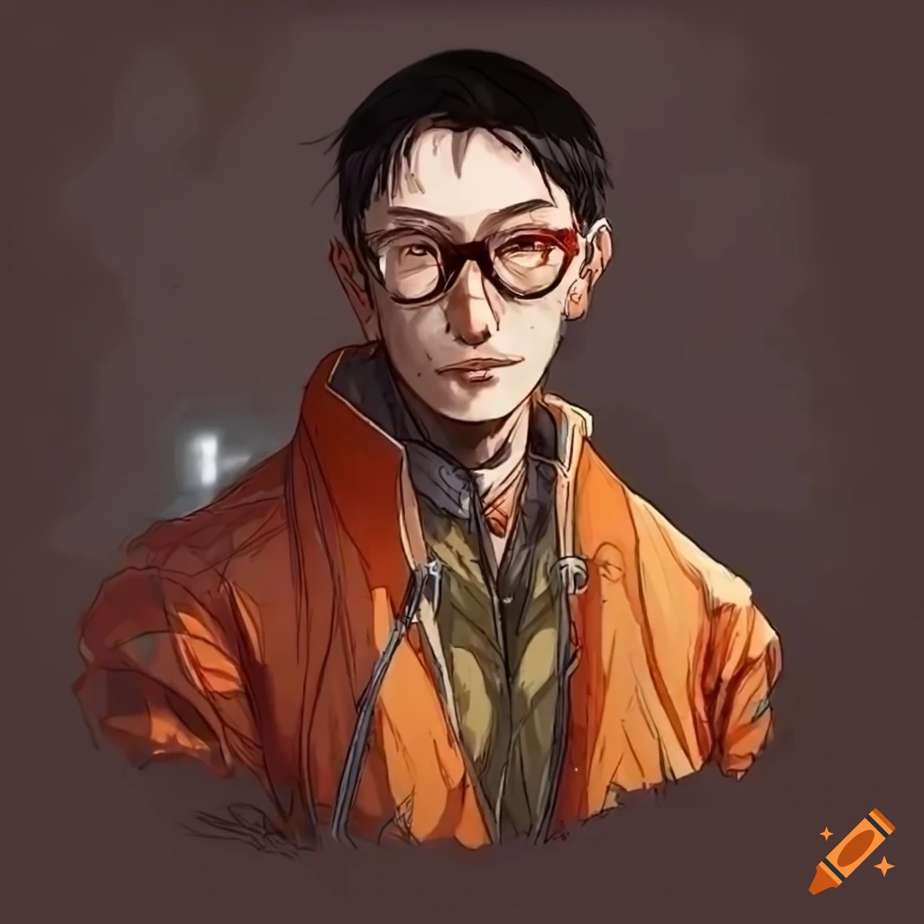 Lieutenant kim kitsuragi in orange bomber jacket and round glasses 