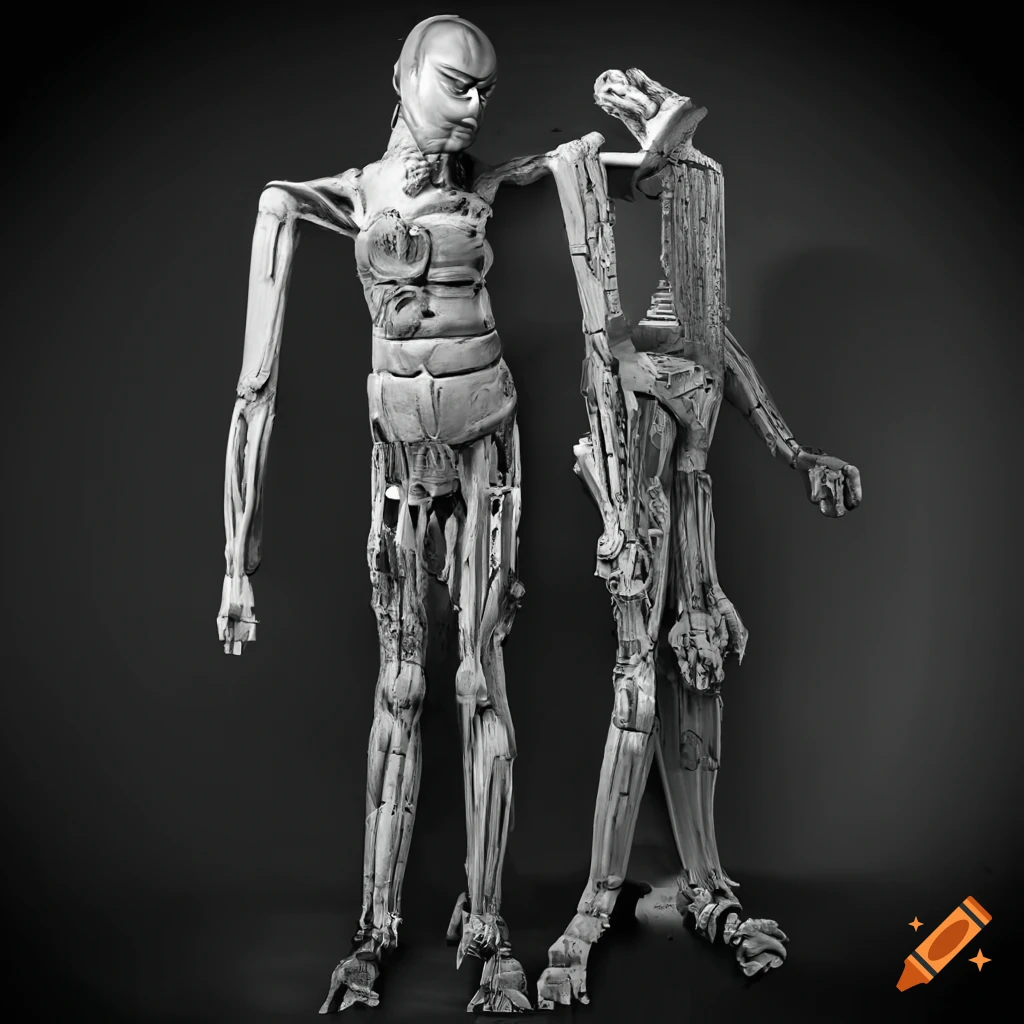 Detailed grayscale image of broken gear biomechanism and industrial stone sculpture
