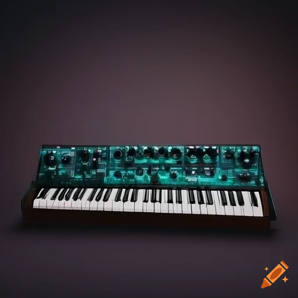 Modular synthesizer keyboard in futuristic forest setting on Craiyon