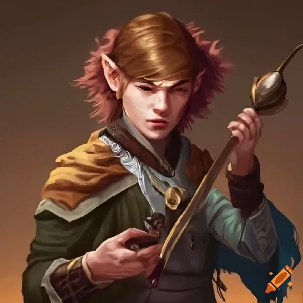 Youthful male kender d&d character with a mousqueteer hat and rapier on