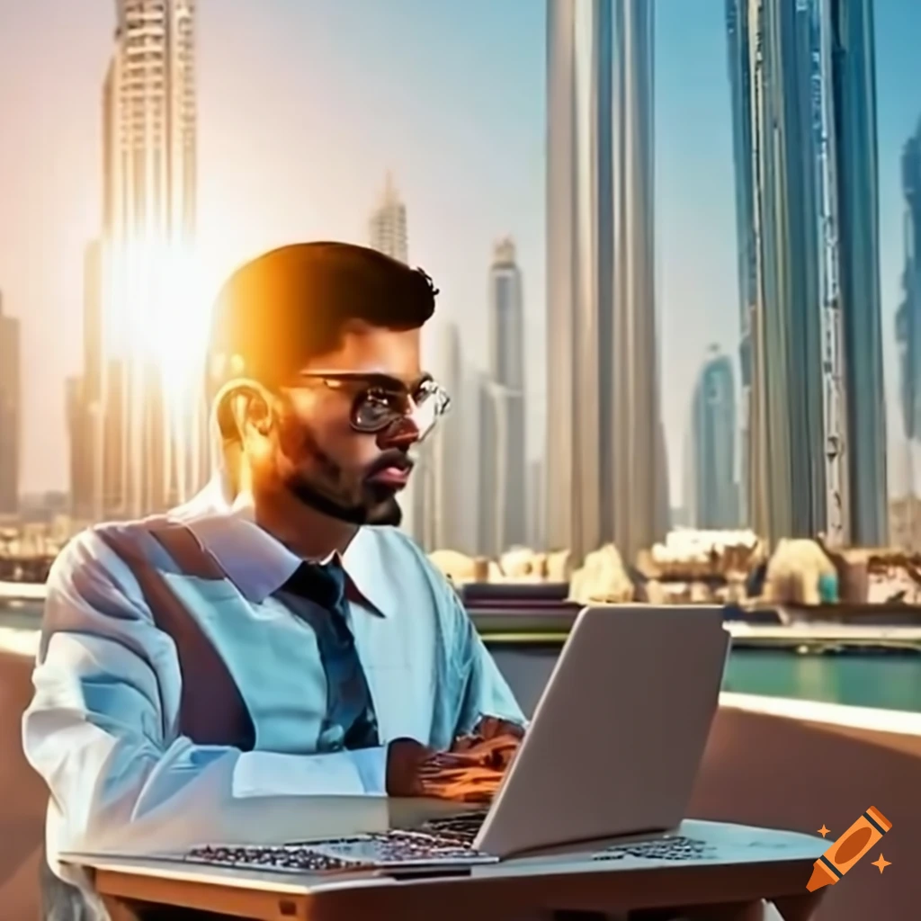 Foreign exchange trader with laptop and coffee in Dubai sunlight