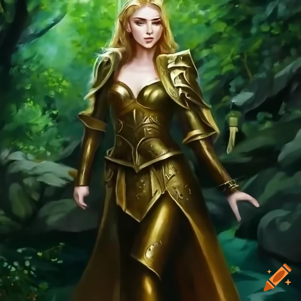 Elf woman with long blonde hair and golden eyes wearing a golden ...