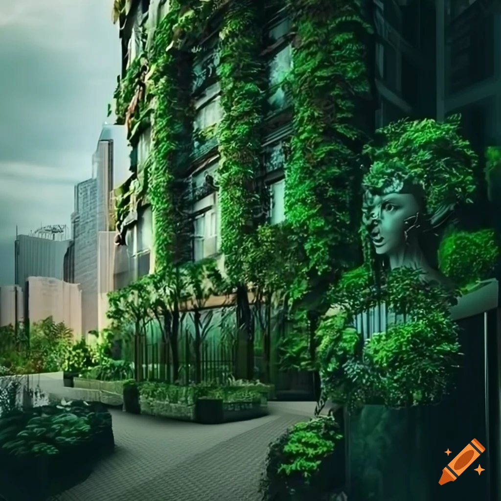 Goddess of plants surrounded by modern buildings covered in plants