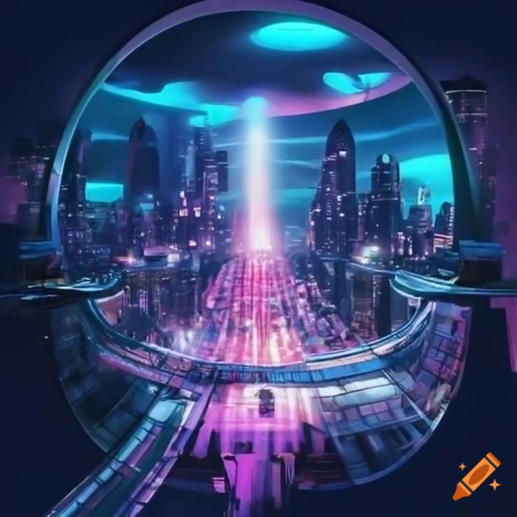 Futuristic cityscape with holographic advertisements and virtual ...