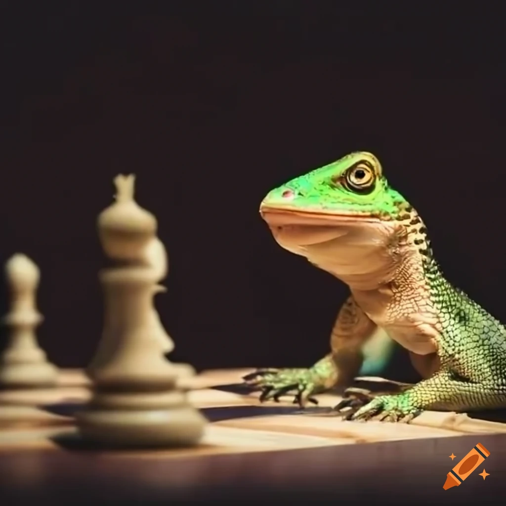 Cute lizard playing chess