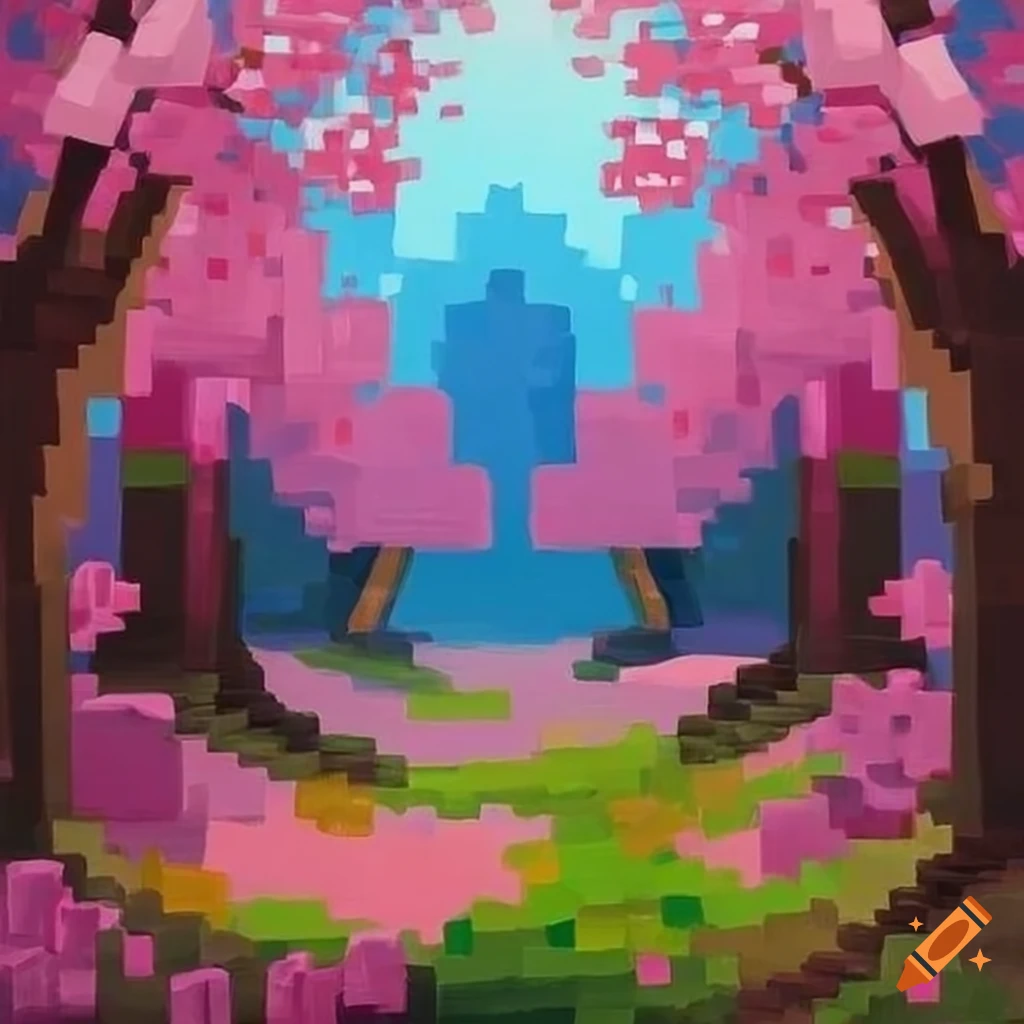 Oil painting of minecraft cherry blossom biome on Craiyon