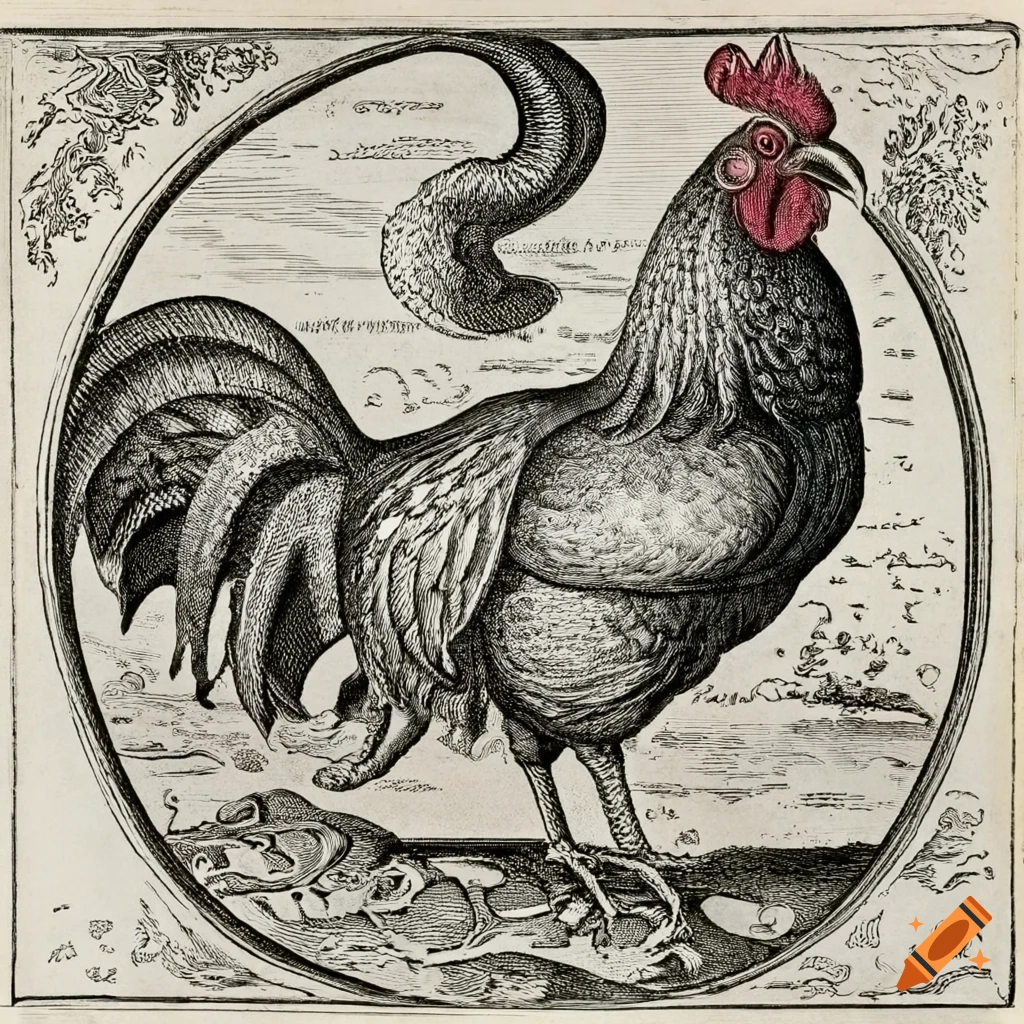 Detailed black and white 17th century engraving of a rooster on a toad in the style of Matthaus Merian