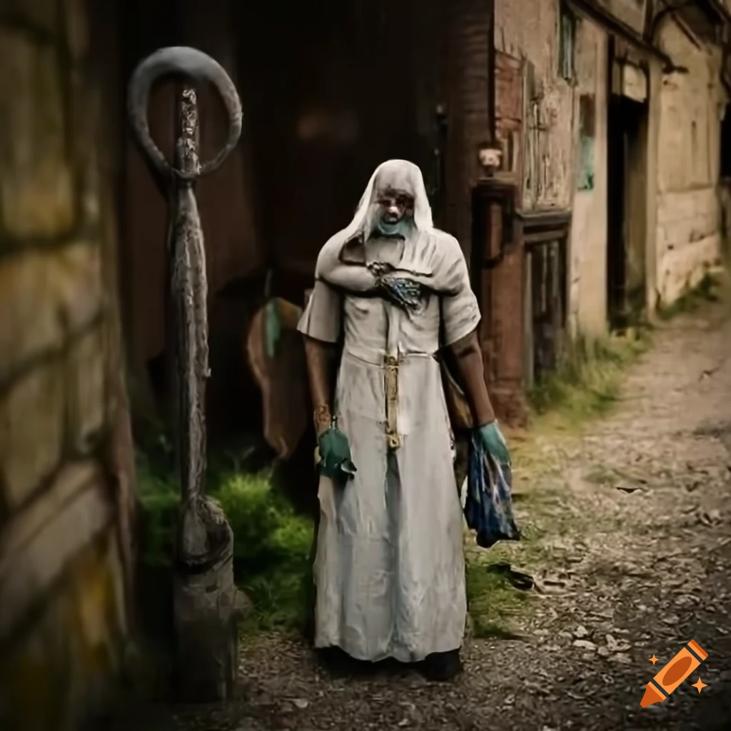 Proud cleric ensuring cleanliness in public latrines in a fantasy village during daytime
