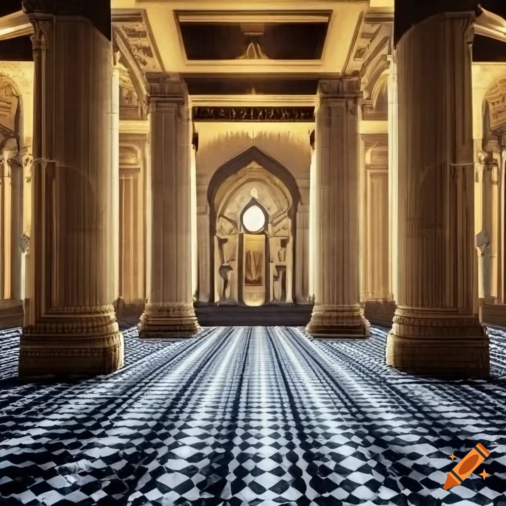 Interior of a temple with masonic symbols and black and white tile