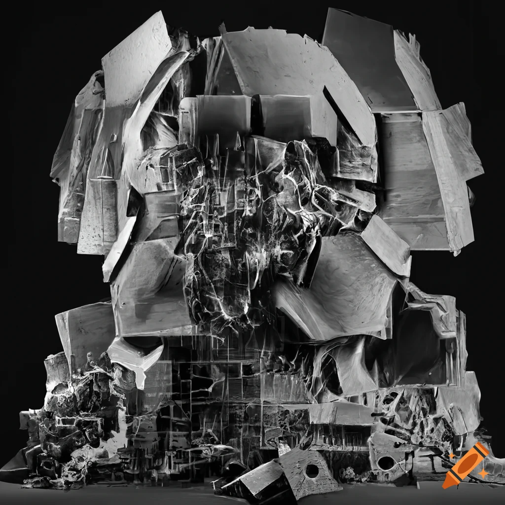 Grayscale industrial stone sculpture with broken gear biomechanism and abandoned printers