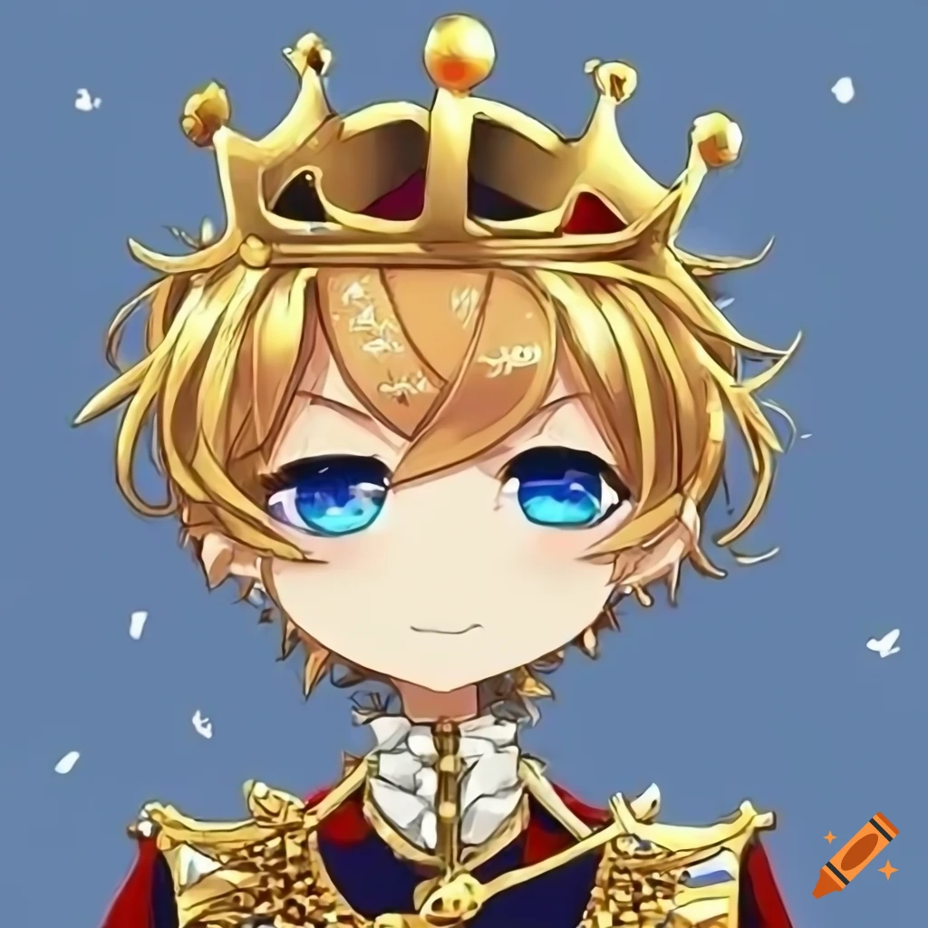 Anime chibi male king with golden hair and blue eyes wearing a crown on
