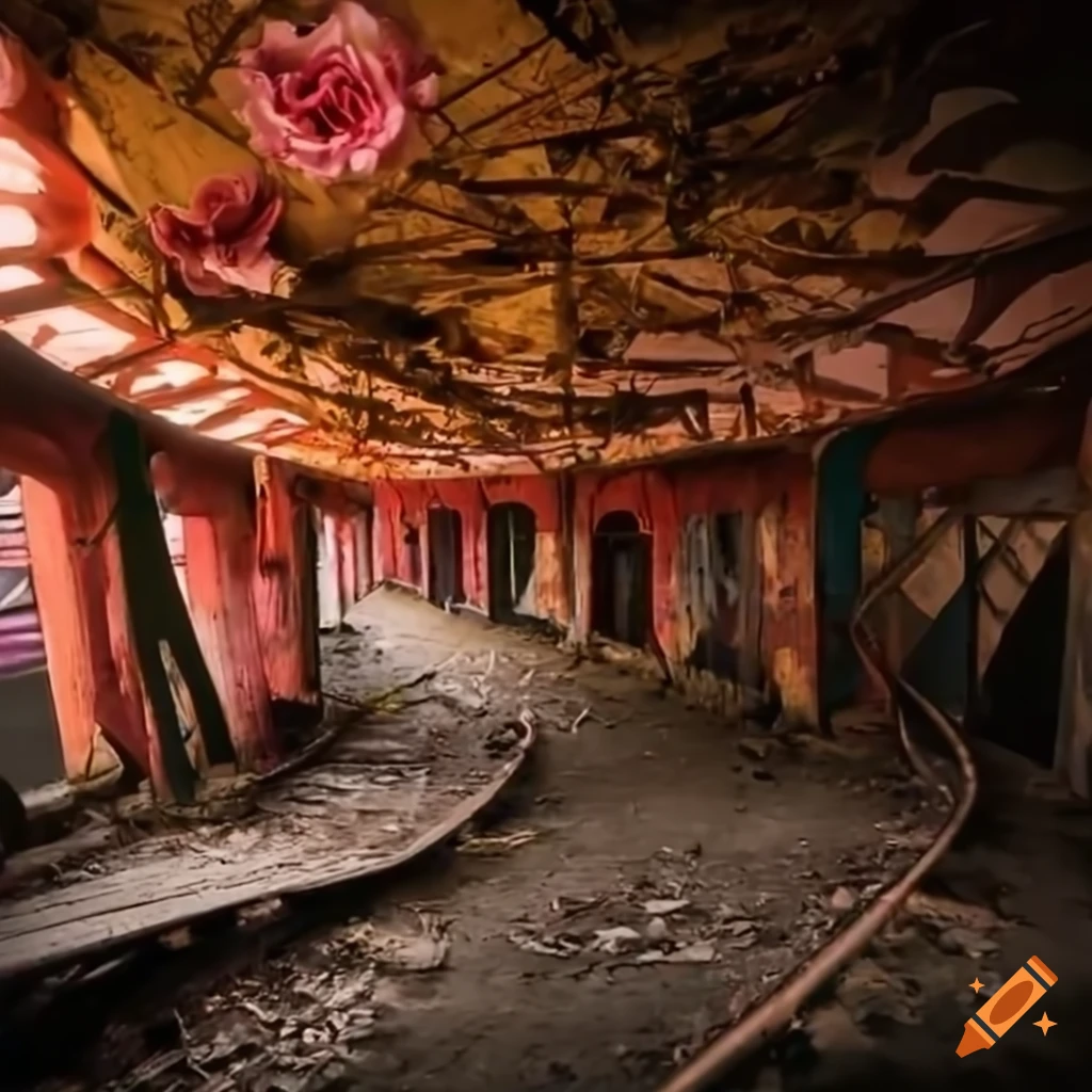 Abandoned circus side show theme park with rusty fixtures and colorful roses