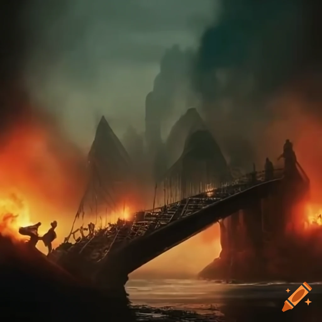 Iconic movie still of a jungle bridge surrounded by explosions and fire with rain in the background