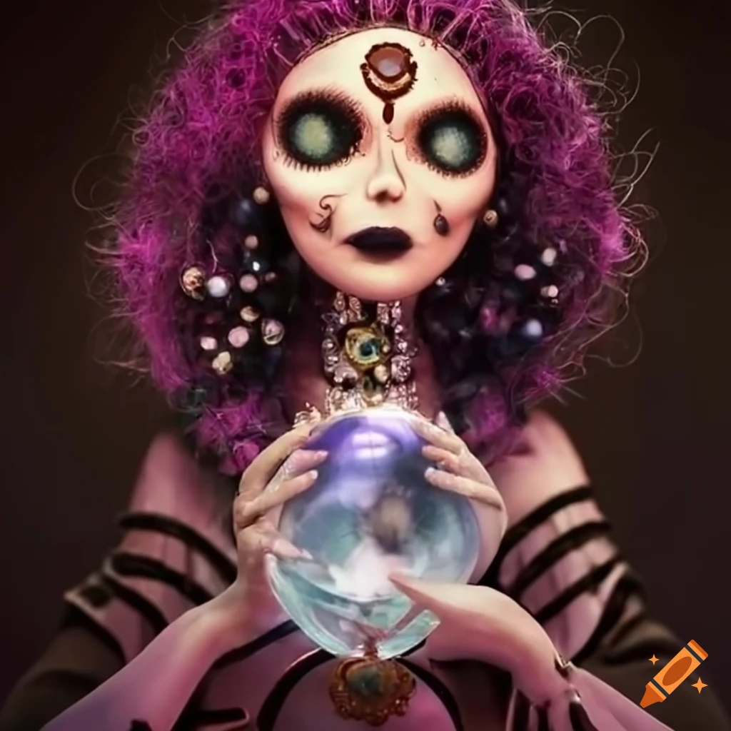 Tim burtonstyle fortune teller with crystal ball on Craiyon