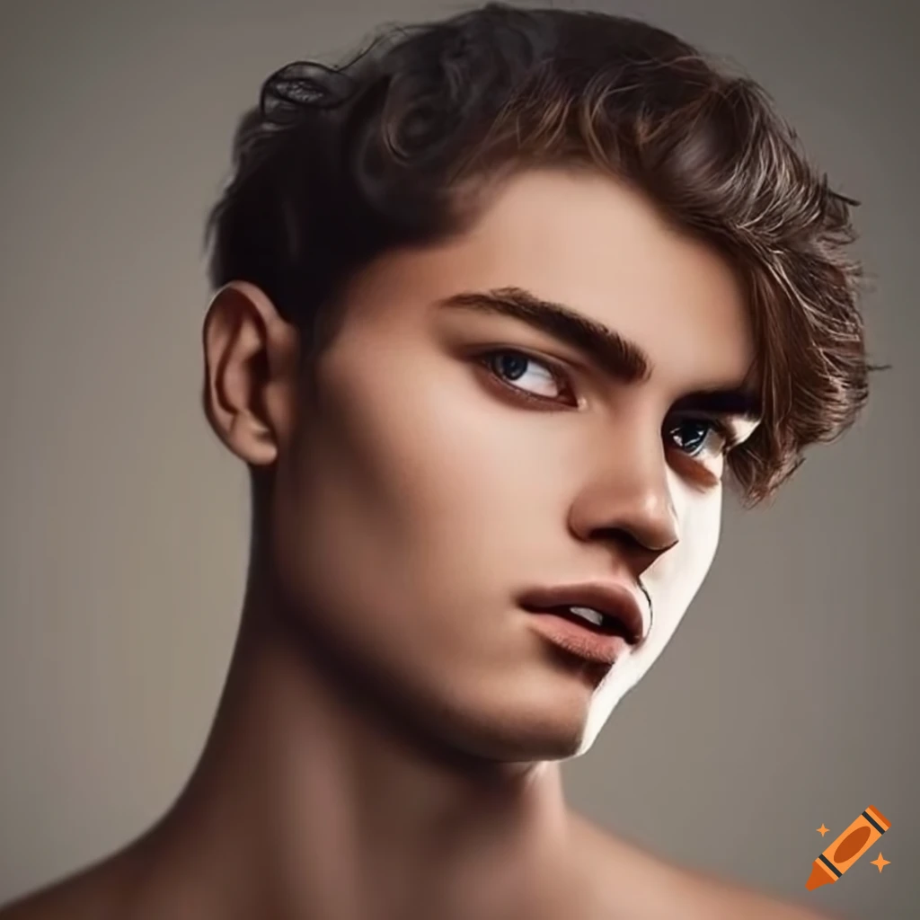 Portrait of a young man with Italian features, light skin, icy eyes, and dark brown hair