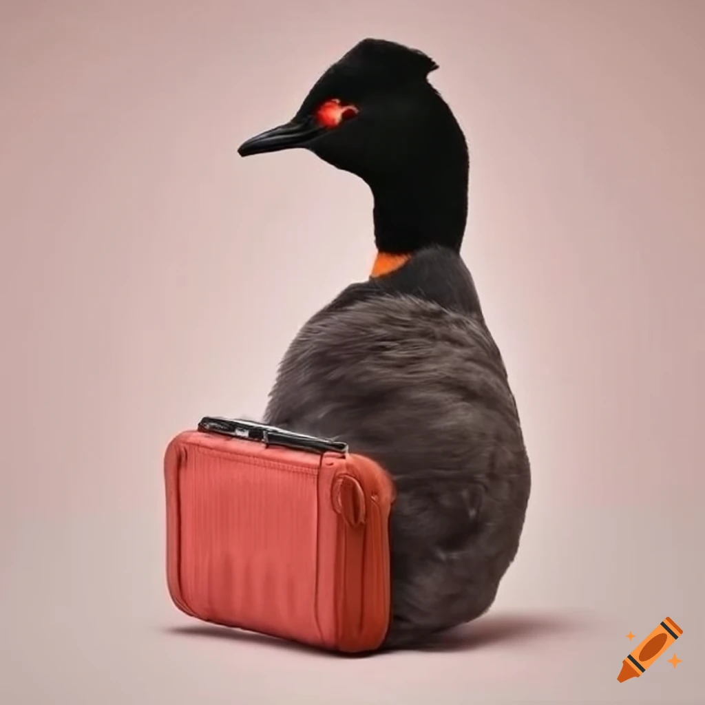 Plushie hooded grebe standing next to a suitcase