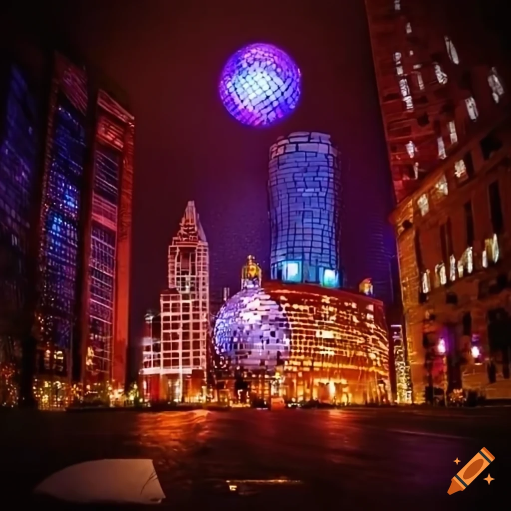 Christmasthemed disco ball in baltimore city on Craiyon