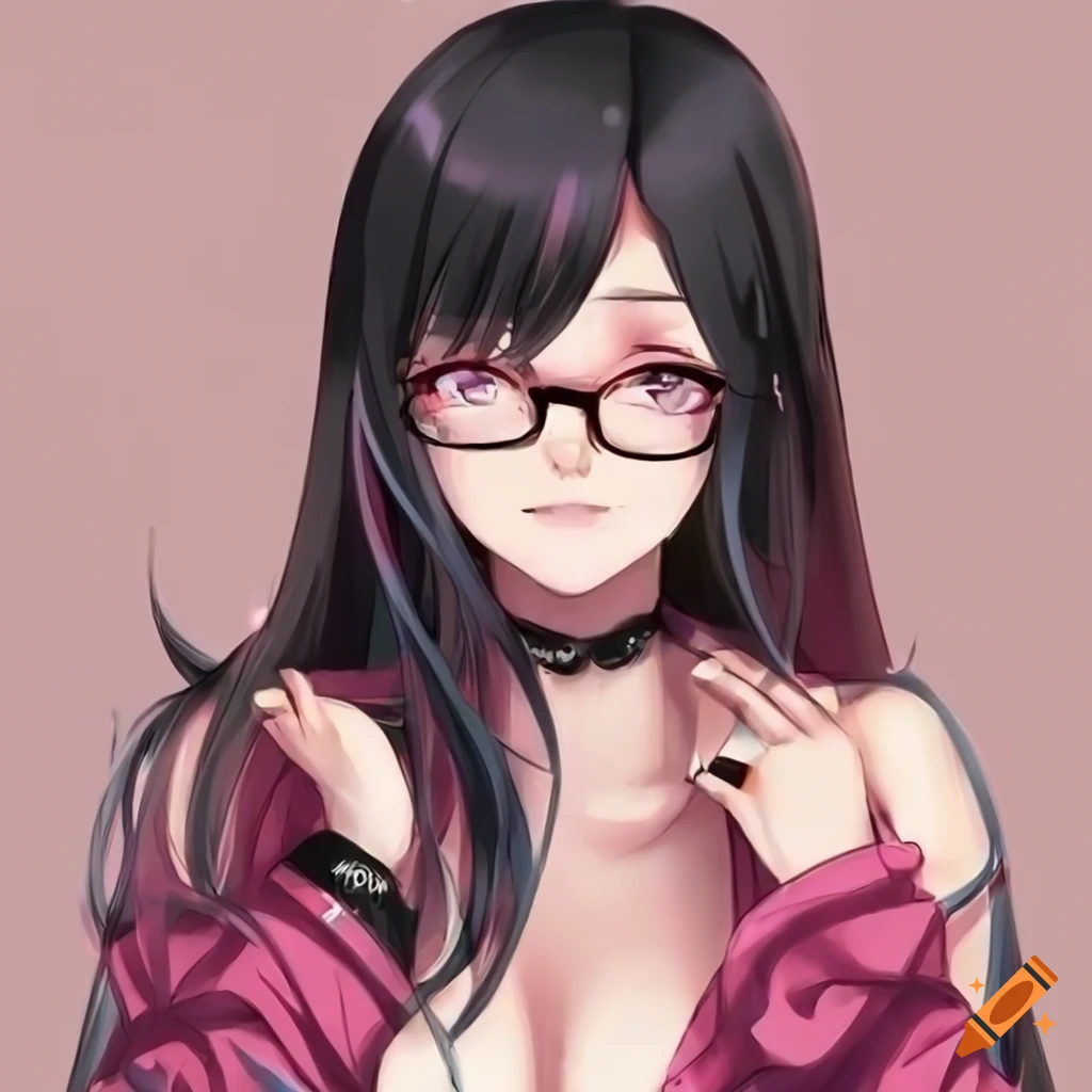 Anime girl with black hair, pink highlights, and glasses