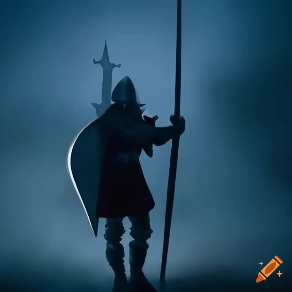 Conquistador wielding sword against misty sky