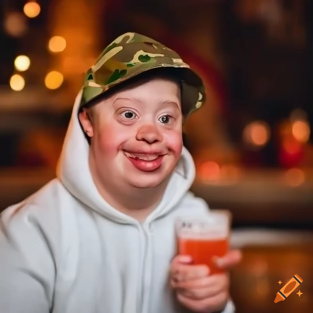 Portrait Of A Smiling Man With Downs Syndrome In A Bar During A