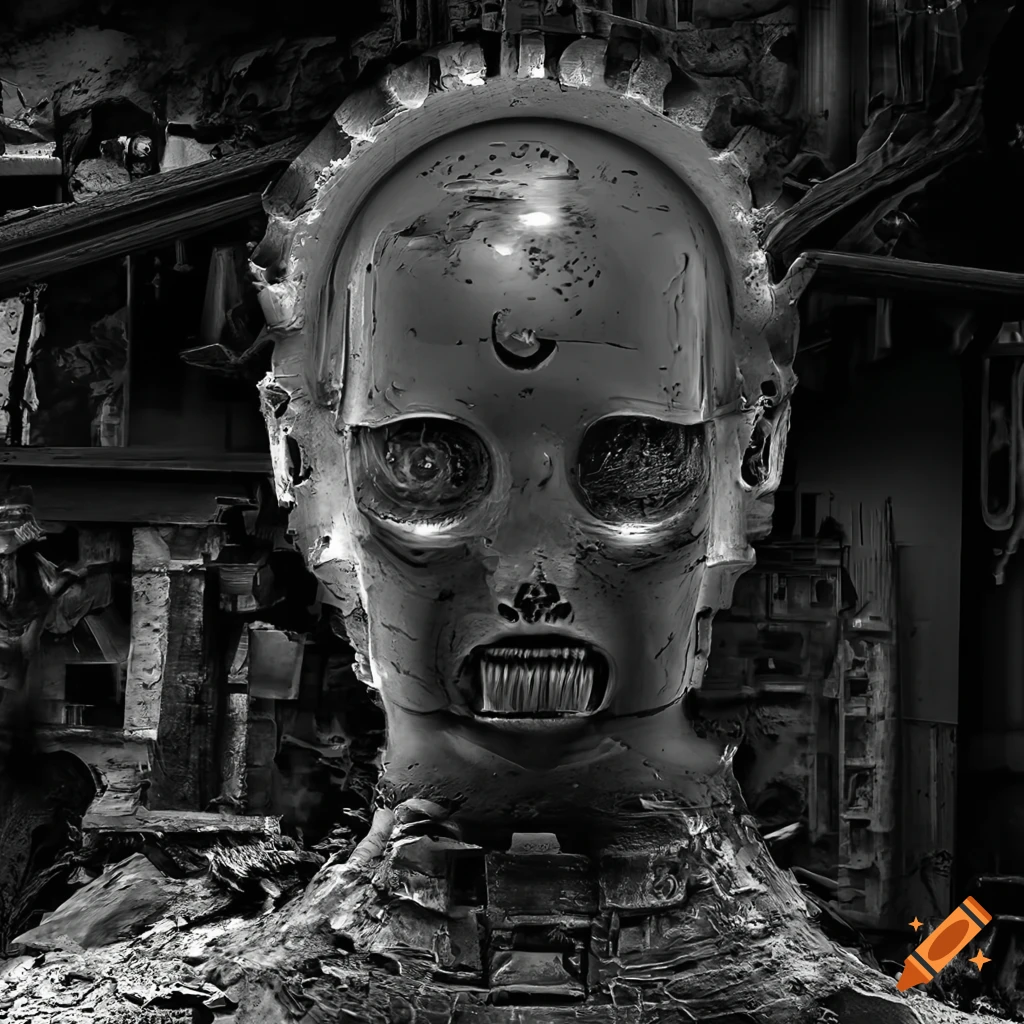 Grayscale image of industrial machinery, broken gear, and abandoned printers in a factory