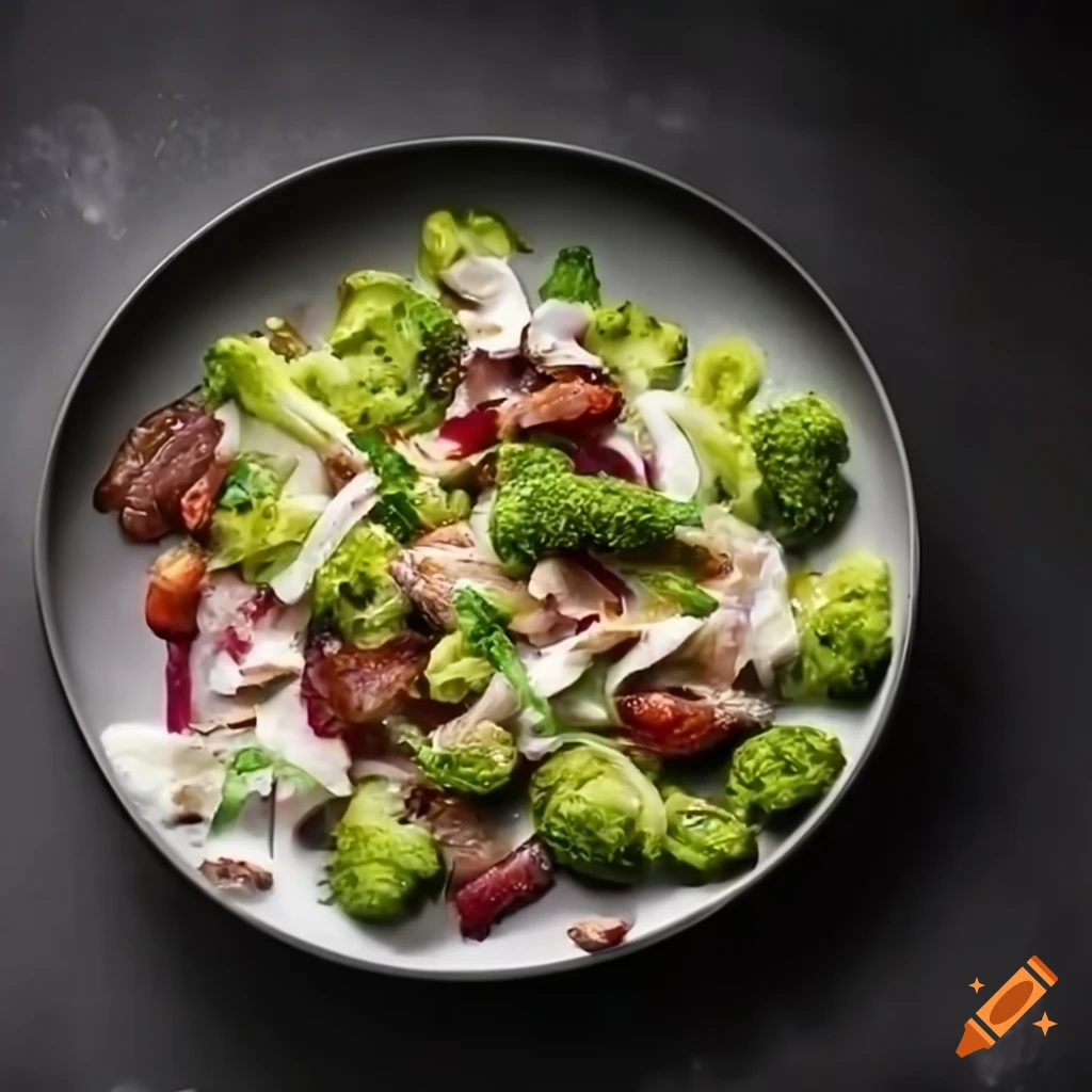 Broccoli salad with bacon, red onion, raisins, cream, and pine nuts in