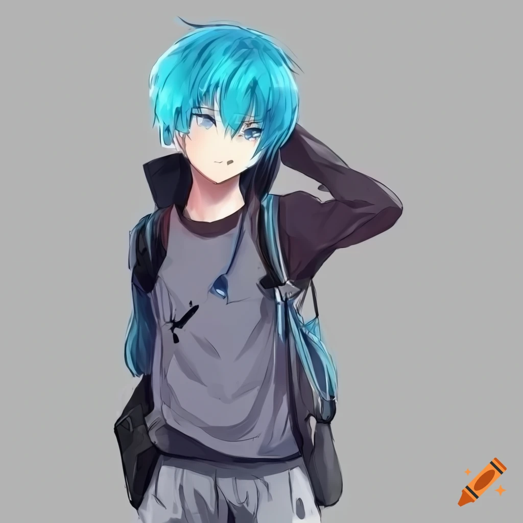 Anime-style boy with blue hair, backpack, and white watch