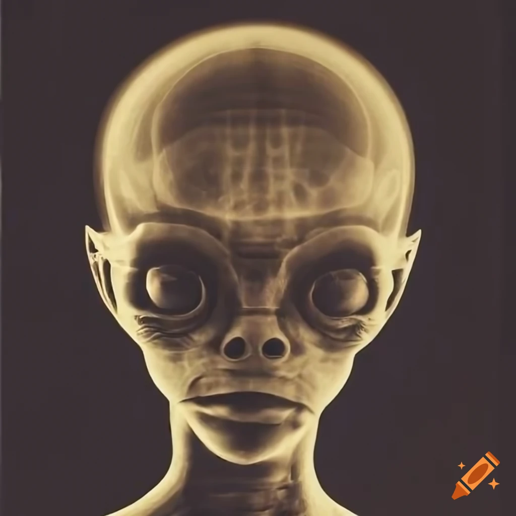 Worn 1900's photograph of an alien with a big head, broken gear biomechanism, and x-ray image of C3PO
